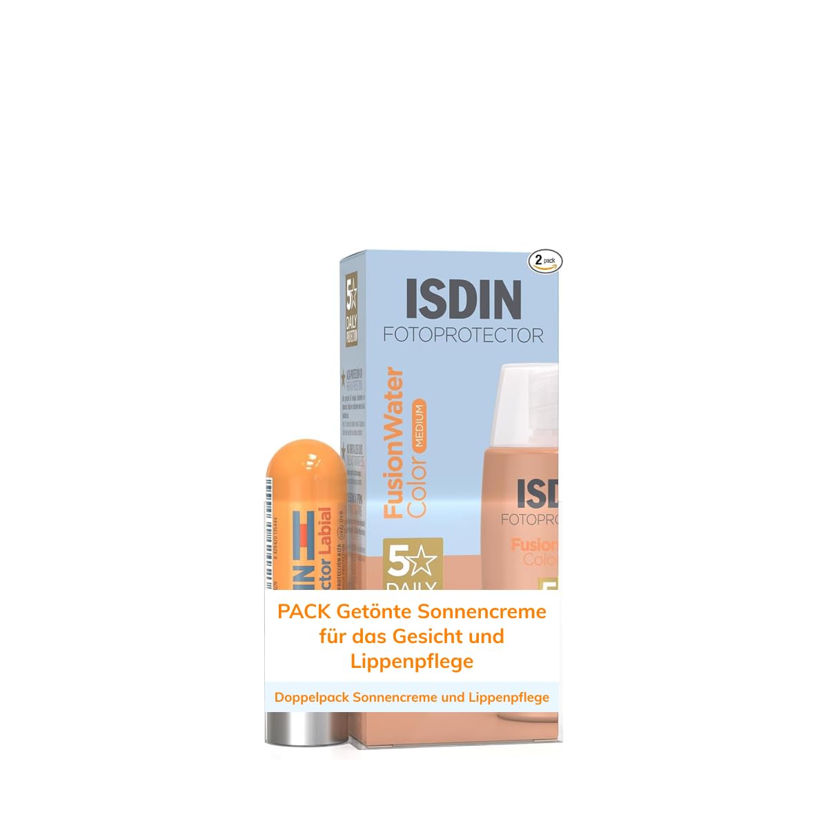 ISDIN Pack FusionWater Color Medium LSF 50, ultraleichte, getönte Sonnencreme für das Gesicht Wirkung und Wasserformel, 50 ml und Lippenbalsam mit LSF 30, repariert und mit Feuchtigkeit versorgt