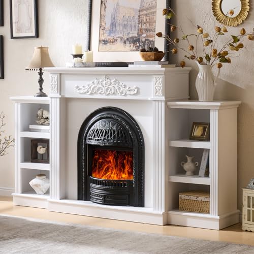 Image of 78 inch Electric Fireplace with Mantel, Electric Fireplace Heater Entertainment Center with Storage, TV Stand for TVs Up to 90 Inch, Stacked Stone Surround 30'' Fireplace Insert Heater Living Room-White