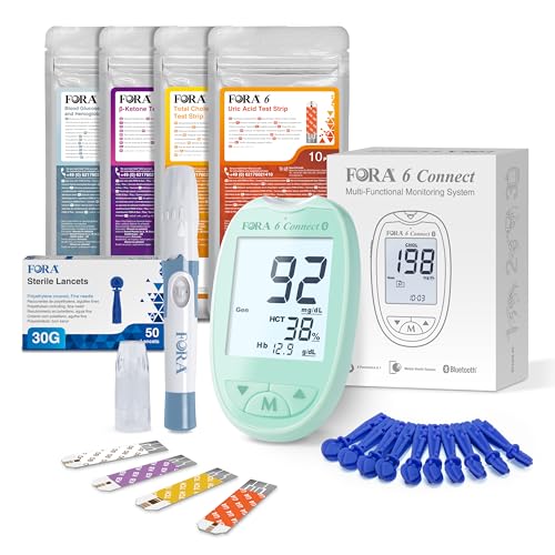 FORA 6 Connect | 4-in-1 Blutzucker- Keton- Cholesterin- Harnsäure-Messgerät | Für die Selbstanwendung zu Hause | Bluetooth & App | Inkl. Teststreifen & Zubehör Grün