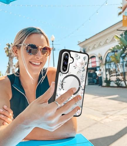 Image of VONZEE Compatible with Samsung Galaxy A36 5G Case Luxury Retro Flowers Floral Clear for Magnetic Wireless Charging Case Shockproof Case PC+TPU Cute Glossy Shiny Cover for Girls Women, Black