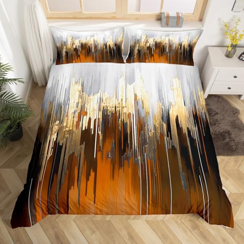 Erosebridal Brown Duvet Cover King Ombre Abstract Bedding Set, Brush Marks Gradient Comforter Cover Contemporary Golden Metallic Bed Set, Watercolor Stripe Aesthetic Bedding (Zipper Closure)