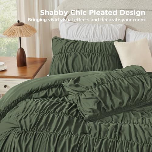Image of Andency Olive Ruched Comforter Set Queen Size, Shabby Chic Pleated Bedding Sets 3 Pieces, Lightweight Soft Boho Ruffle Bed Set for Girls, Kids, Women, All Season