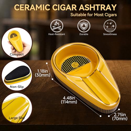 Cendrier à cigares en céramique avec coupe-cigare en V, guillotine à double lame et foret tranchant, cendrier incassable pour l'extérieur et l'intérieur (Jaune) – vue 2