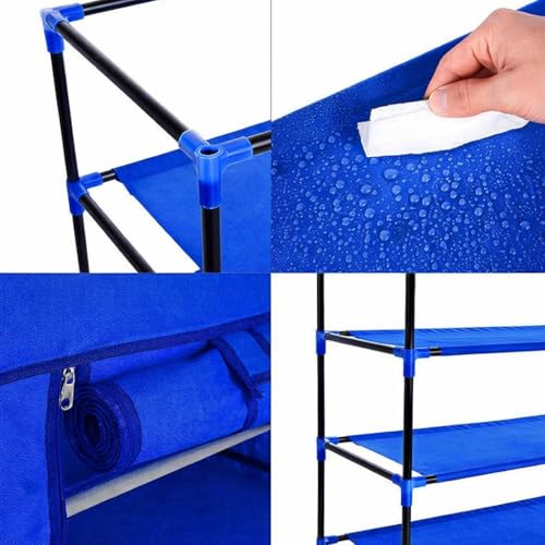 Image of EASY BUY 4 Shelves Shoe Rack Plastic Blue with Zip Door Cover & Side Pockets, Multiuse Storage Rack for Footwear, Toys, Clothes with Dustproof Cover 4 Shelves
