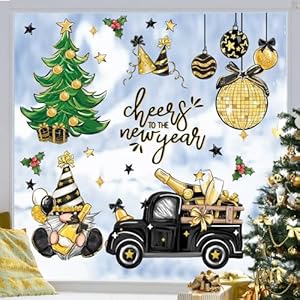 Mfault 137 PCS 2025 New Year Christmas Window Clings 4 Sheets, Xmas Tree Gnome Truck Black Gold Wall Stickers Decal Decorations, Celebration Ornaments Living Room Home Kitchen Decor Holiday Gifts Mfault 137 PCS 2025 New Year Christmas Window Clings 4 Sheets Xmas Tree Gnome Truck Black Gold Wall Stickers Decal Decorations Celebration Ornaments Living Room Home Kitchen Decor Holiday Gifts