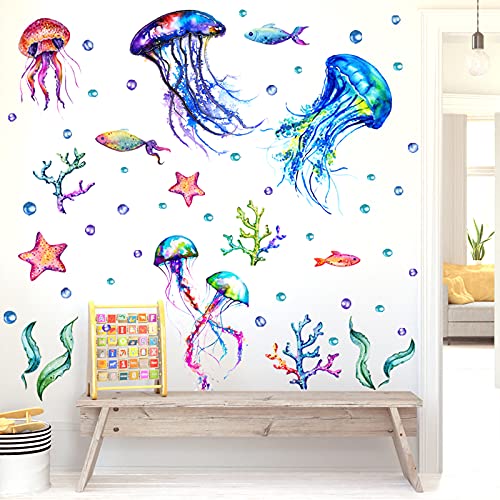 Decalque de parede de água-viva do oceano, adesivos de parede de água-viva de peixe sob o mar, decor