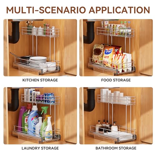 Image of Under Sink Organizer 9 inch W X19 D, Pull Out Cabinet Organizer 2 Tier | 2 Pack, Chrome Plated, Full Slide Out, Under Kitchen Bathroom Sink Organizer, Pantry Cabinet Closet Organization Rack