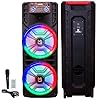 Mr. Dj USA Newyork+ 12" X 2 Rechargeable Portable Bluetooth Karaoke Speaker with Party Flame Lights Microphone TWS USB FM Radio + 7-LED Moving Head DJ Light