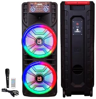 Mr. Dj USA Newyork+ 12" X 2 Rechargeable Portable Bluetooth Karaoke Speaker with Party Flame Lights Microphone TWS USB FM Radio + 7-LED Moving Head DJ Light
