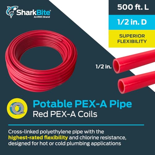 Image of SharkBite 1 /2 Inch x 500 Feet Red PEX-A Flexible Water Pipe Tubing | Suitable for Hot and Cold Potable Systems, 6-Month UV Tolerance, Made in the USA, PEX Pipe, UA60R500