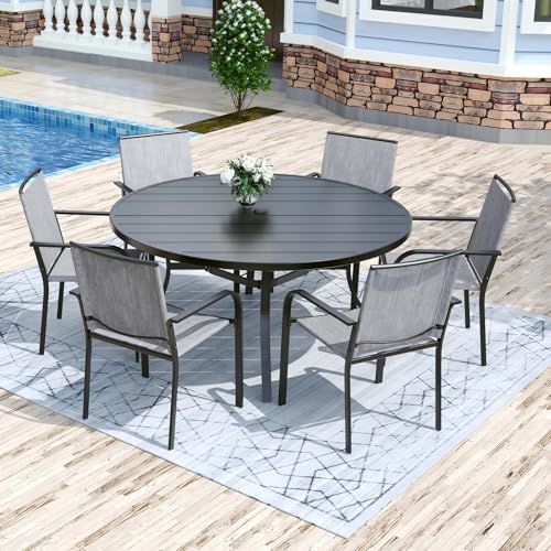 Image of Anmutig 7 Piece Patio Dining Set 54 Inch Round Table Stackable Chairs Grey | Powder-Coated Steel Frame, Quick-Dry Textilene Mesh, Dual-Size Umbrella Hole, Weather Resistant, Patio, Garden, Backyard
