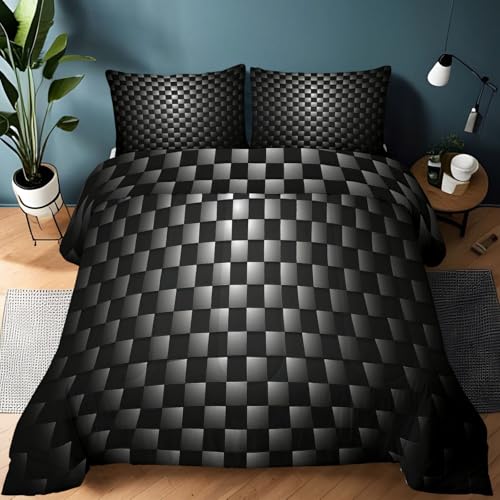 Srigzcaly Edredón Nórdico 200x200cm 4 Estaciones - Relleno de Fibra 200gr/m2, 3D Cuadrícula Negra Minimalista Suave Transpirable Ligero y Cálido para Invierno, Gris Claro
