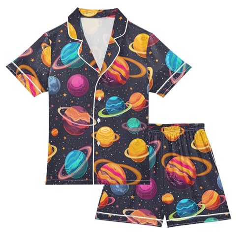ALAZA Planet Space Solar System Watercolor Satin Pajamas Set Short Sleeve Button Down Sleepwear Summer Pjs 2 Piece