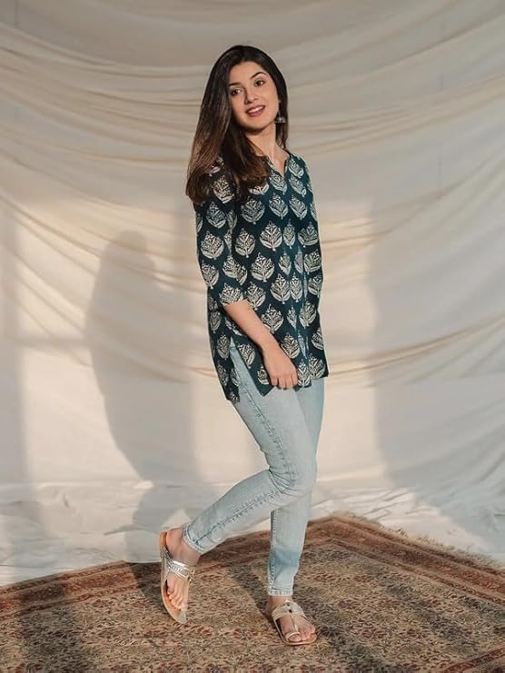 Image of Women's Regular Fit Printed Tunic Top with 3 /4 Sleeves and V Nack Long Length | Short Kurta for Women