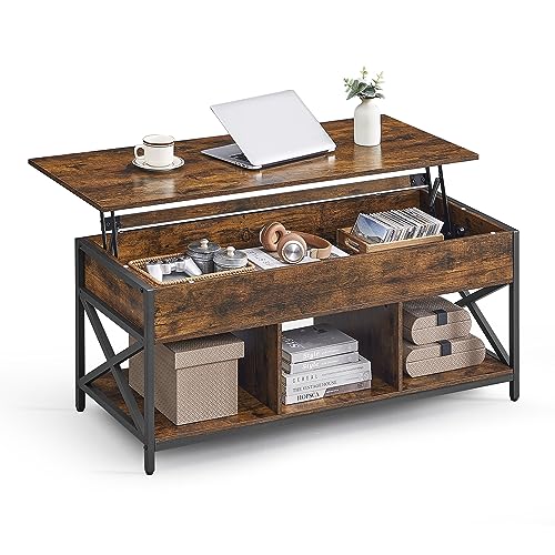 VASAGLE Lift Top Coffee Table, Lift Coffee Table with Storage Shelf, Hidden Compartments and Lifting Top, for Living Room, Office, 19.7 x 47.2 x (19.3-24.4) Inches, Rustic Brown and Black UL