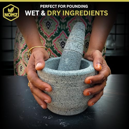 Image of NOMZ Mortar and Pestle Set for Kitchen - Natural Stone Grinder (Khalbatta) with Anti-Scratch Pad & Silicone Spatula - 1.5 Cup, 5.5 Inch Diameter