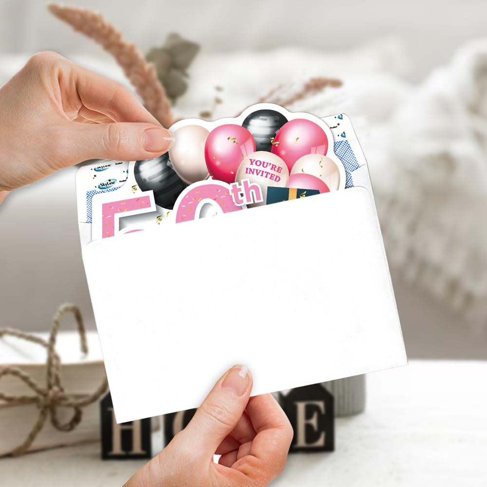 ERHACHAIJIA Einladungskarten zum Ausfüllen in Rosa und Schwarz, goldene Luftballons und Kuchenform, mit Umschlägen, lustige Einladungen zum 50. Geburtstag, Party, 50. Geburtstag, Erwachsene, 20 Stück