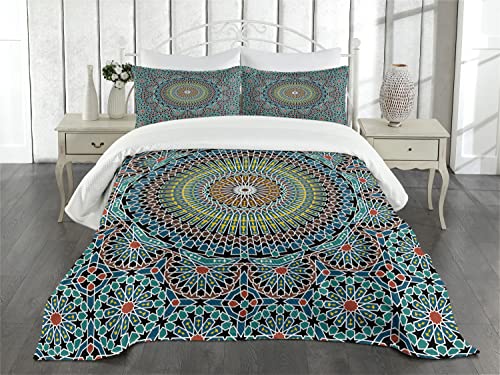 Lunarable Geometric Bedspread, Traditional Middle Eastern Style Moroccan Culture Design, Decorative Quilted 3 Piece Coverlet Set With 2 Pillow Shams, King Size, Blue Ruby #TOP1