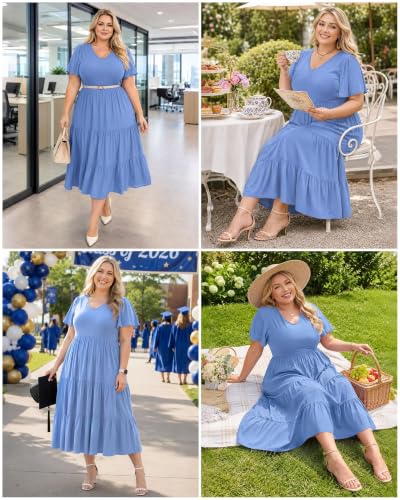 Image of Women's Plus Size Summer Dresses Floral Casual Tiered Midi Dresses V-Neck Short Sleeve Long Maxi Dress with Pockets