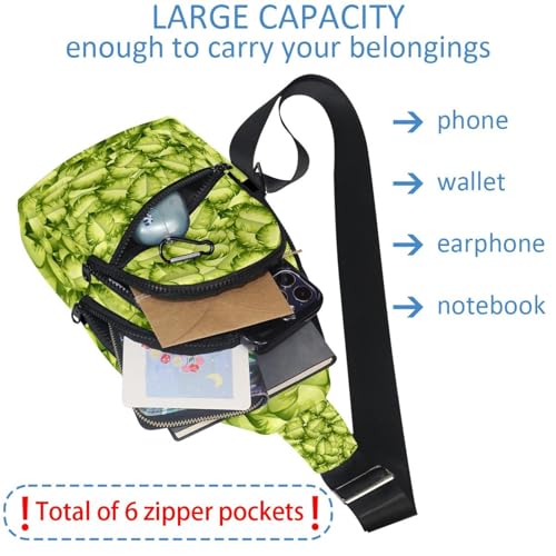 Mochila bandolera tipo pecho con diseño de hojas verdes y tamaño compacto 5