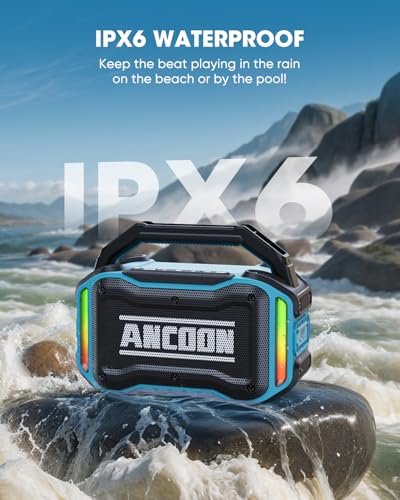 Image of ANCOON Speakers Bluetooth Wireless: 80W(Peak) Loud Speaker with Bass, 20H Playtime, IPX6 Waterproof, Large Jobsite Speakers for Work, Outdoor, Workshop, Garage, Portable Speaker with TWS (Sky Blue)
