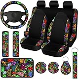 Riakrum 15 Pcs Forest Mushroom Car Seat Cover Daisy Rear Front Seat Protector Steering Wheel Cover Seat Belt Cover Armrest Pad Cup Mat Mushroom Keychain Wrist Strap Car Accessories (Mushroom Style)