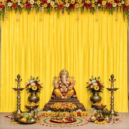 Party Propz Yellow Backdrop Decoration Cloth- 2Pcs Ganpati Decoration Setup for Home, Varamahalakshmi Decorative Items, Krishna Janmashtami, Haldi Decor, Haldi Backdrops Decorations Set(Net)