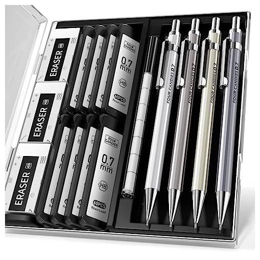 Four Candies 0.7mm Mechanical Pencil Set with Case - 4PCS Metal Mechanical Pencils, 6 Tubes HB #2 Lead Refills, 3PCS 4B Erasers and 9PCS Eraser Refills, Lead Mechanical Pencils for Writing & Drawing