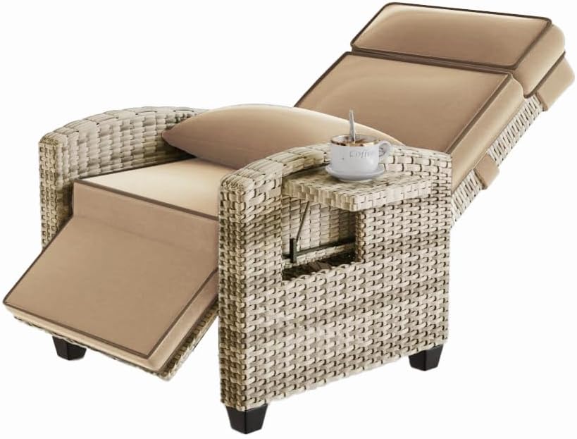 Fully assembled PeacefulHues Outdoor Rattan Recliner in reclined position