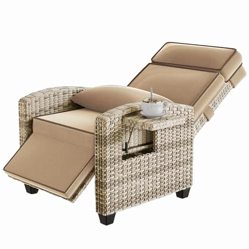 PeacefulHues Outdoor Rattan Recliner, Armrest Console Tray,Patio Lounge, Adjustable Backrest & Footrest 150° Lay Flat, Removable Cushion,Air Pump Chair,for Pool,Balcon,Veranda,Porch,Terrace,Yard