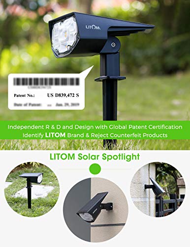 LITOM 12 LED Solar Landscape Spotlights, IP67 Waterproof Solar Powered Wall Lights 2-in-1 Wireless Outdoor Solar Landscaping Lights for Yard Garden Driveway Porch Walkway Pool Patio 4 Pack Warm White