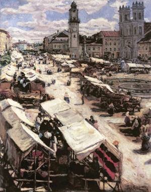 Peinture à l'huile mur terne Market at Besztercebanya 1906 tableau toile