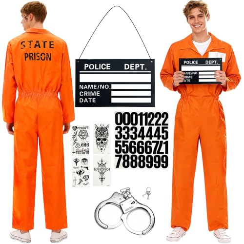 HuaMuDM Gefängnis Kostüm Orange Herren Damen,Prisoner Overall Kostüm,Prisoner Overall Costume mit Sträfling Accessoires,für Erwachsene Cosplay Karneval Halloween