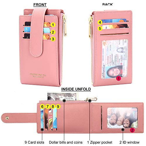 Image of Badiya Slim Women Wallet RFID Blocking Bifold Compact 9 Card Slots Holder Wallets Soft Leather with Zipper Coin Pocket 2 ID Window
