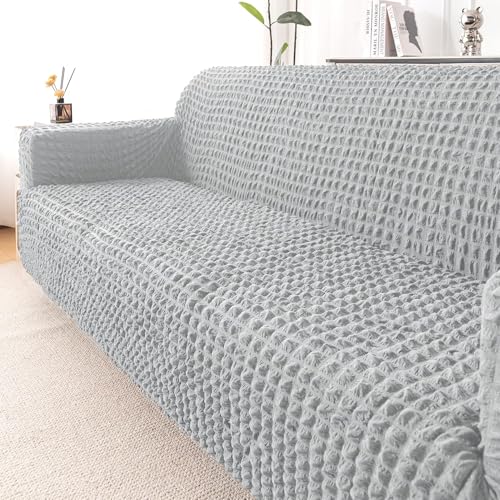 Image of HOKIPO 'Aria Nova' Elastic 280 GSM Stretchable 3 Seater Bubble Sofa Cover, Light Grey (NEW-AR-6210-LGRY)