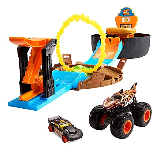 Hot Wheels Monster Trucks Stunt Tire Play Set Opens To Reveal Arena With Launcher, 1 1:64 Scale Car & 1 Monster Truck, Portable Toy Gift Set For Ages 4 To 8 Years Old #TOP6