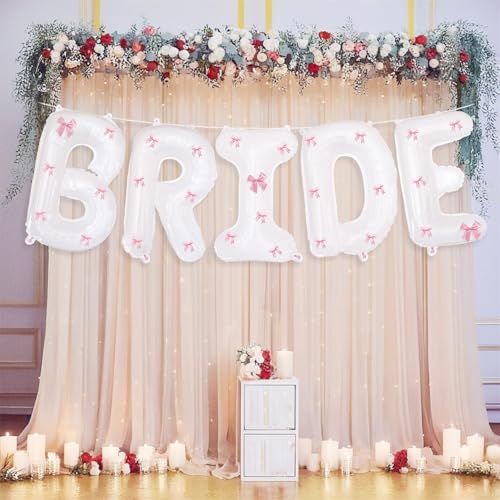 Image of White Bride Balloons 40 inch with Ribbon Bows for Bridal Shower Bride to Be Bachelorette Party Decorations Wedding Engagement Party Decor (Pink)