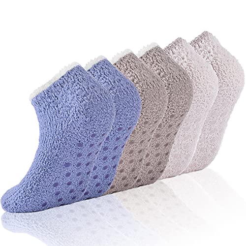 COZYOFFI 6 pares de calcetines antideslizantes para el hospital para las mujeres mullidos y esponjosos calcetines con apretones, C03-azul/caqui/beige, Talla única