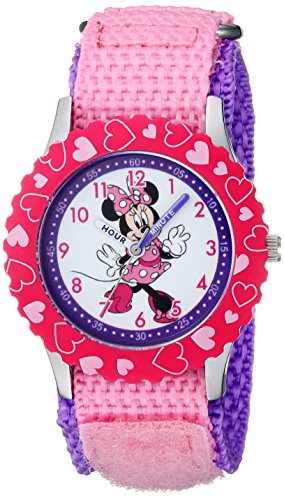 DISNEY Minnie Mouse Kids' Bezel Stainless Steel Time Teacher Analog Nylon Strap Watch