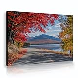 秋の道路レイクビューキャンバスウォールアート素朴な風光明媚な自然キャンバスプリントは、リビングルームスパの壁の装飾写真35x52cmインナーフレームのためにストレッチされ、額装されています
