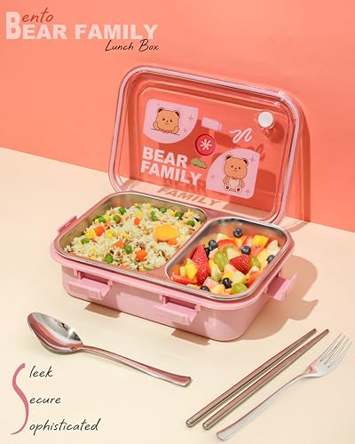 Image of Brand Conquer Lunch Box Leak-Proof BPA Free Stainless Steel for School, Lunch Box for School & Office with a Fork, a Spoon and a Pair of Chopsticks (Pink, Bear Family 2 Compartment)