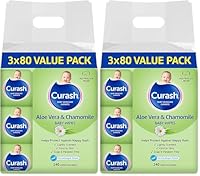 Curash Aloe Vera & Chamomile Baby Wipes, 3 x 160 Pack - Lightly Scented And pH Balanced, Super Thick Wipes with Cushioned Texture, No Soap, Alcohol Or Parabens For Everyday Use and Nappy Changes - 240 Wipes