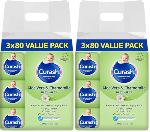 Curash Aloe Vera & Chamomile Baby Wipes, 3 x 160 Pack - Lightly Scented And pH Balanced, Super Thick Wipes with Cushioned Texture, No Soap, Alcohol Or Parabens For Everyday Use and Nappy Changes - 240 Wipes