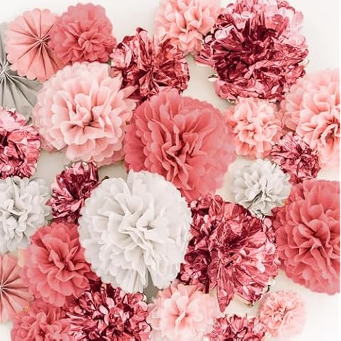20 PCS Pink Rose Gold Party Decoration - Tissue Paper Pom Poms - Birthday Party Decoration - Baby Shower - Bridal Shower - Rose Gold, Dusty Rose, Blush Pink, Grey - 14”, 10”, 8”, 6" Cover