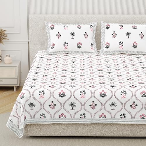 Image of DE CAMA Since 1997 | 100% Cotton 300 TC Premium King Size Bedsheet for Double Bed (90 x 108 Inch) with 2 Pillow Covers Set (17 x 27 Inch) Designer Printed Bedsheet Set - Blossom, White