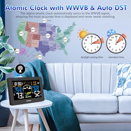 Weather Station Wireless Indoor Outdoor, Digital Thermometer with Remote Sensor, 7.5'' HD VA Display Home Weather Stations, Accurate Temperature Humidity Gauge with Weather Forecast, Atomic Clock