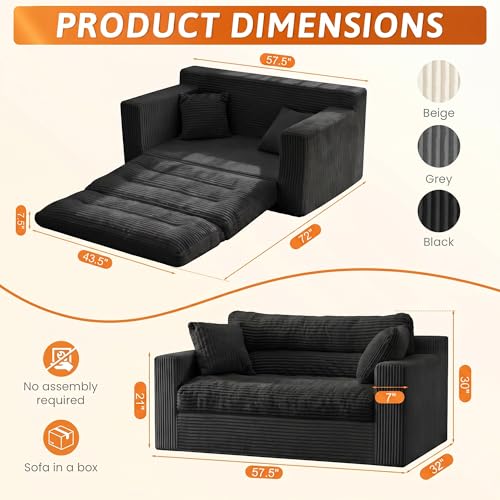 Image of Erament Boneless Loveseat Sofa Couch, 2 in 1 Convertible Sofa Bed with Pillows, Fold Out Bean Bag Chair Boneless Floor Couch for Living Room Bedroom Office Lounge Apartment, No Assembly Needed, Black