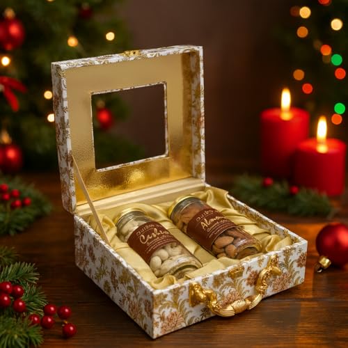 Image of Purevida Premium Decorative Wooden Gift Box with Mixed Dry Nuts - Vintage Mosaic Design, Brass Handle | Festive Dry Fruit Hamper for Christmas & New Year Gifting