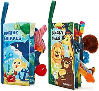 hahaland 2 Pcs Baby Books Toys 0-6 Months Touch Feel Activity Soft Book with Squeaker, Crinkle Paper Baby Essentials for Newborn Sensory Toys 0 3 6 12 Months 1 Year olds Baby Boy Girls Gifts