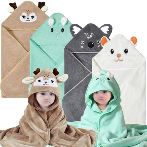 Image of Hushlibaby Hooded Baby Towels 4Pack Unisex Hooded Towels Super Soft Absorbent Baby Boys Girls 31.5x31.5 Inch Unique Animal Design Towels Set Gift for Newborn Infant Toddler Essentials